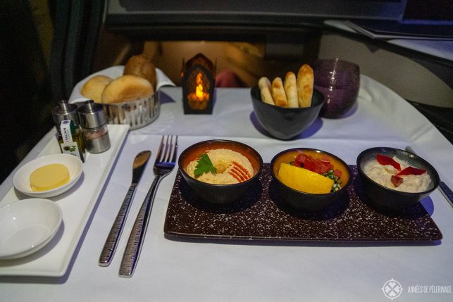 The traditional Mezze selection (must-eat) by Qatar Airways