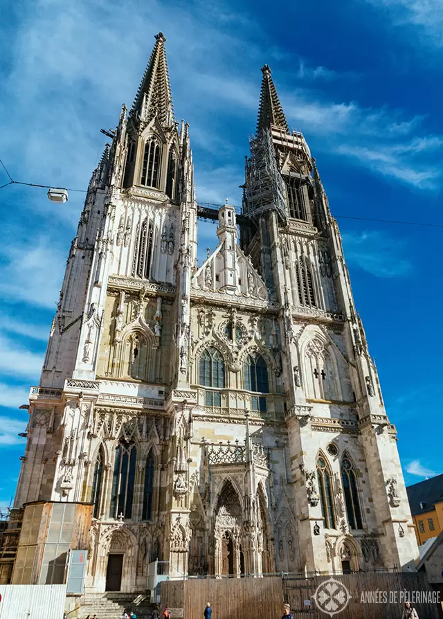 The facade of Regensburg Cathedral with the two neo-gothic towers reaching for the sky