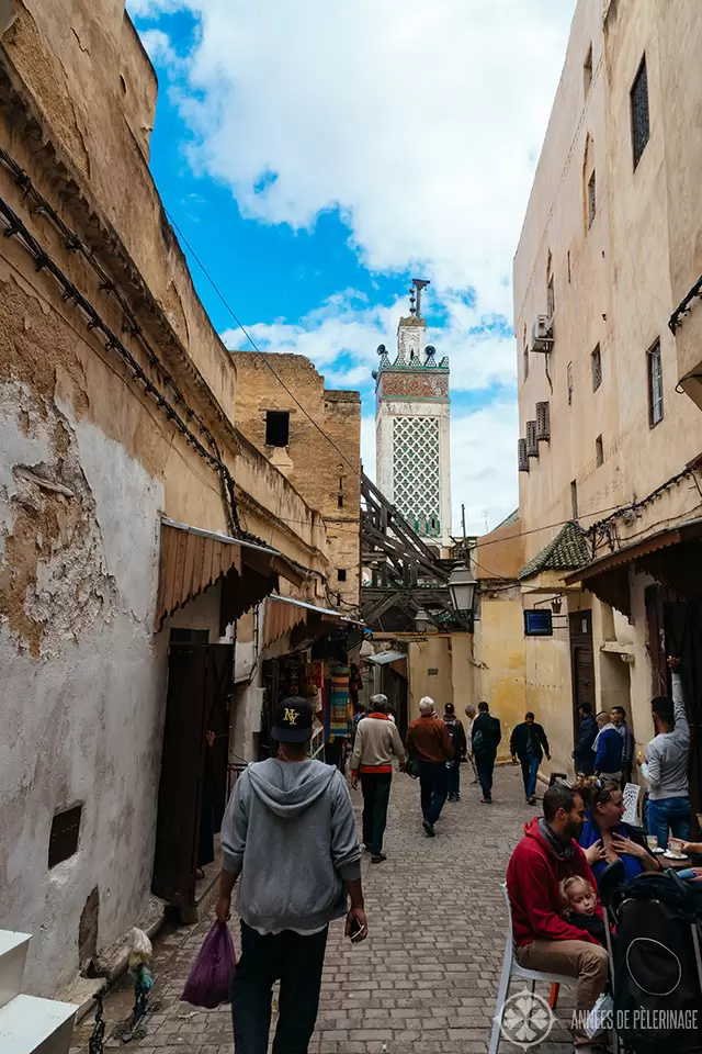 A typical street inside the Fez Medina where you will find many small cafés and shops