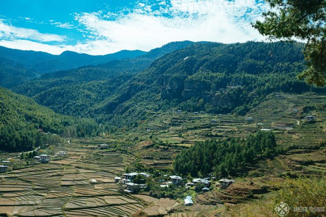 A small fertile valley with Dzongdrakha Monastery hugging the cliffs near Paro, Bhutan