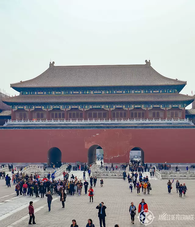 Meridian Gate with its three big red arches marking the entrance of the Forbidden City in Beijing