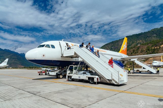 Passengers from Kathmandu to Bhutan debarking their plane