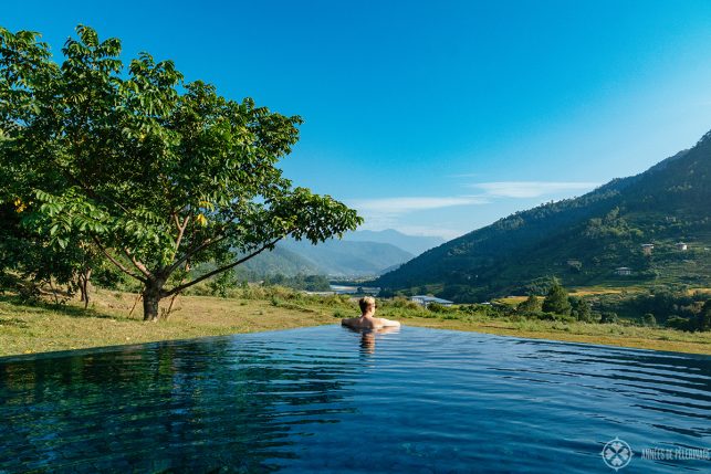 Me, enjoying the view of the valley from the infinity pool of Amankora Punakha