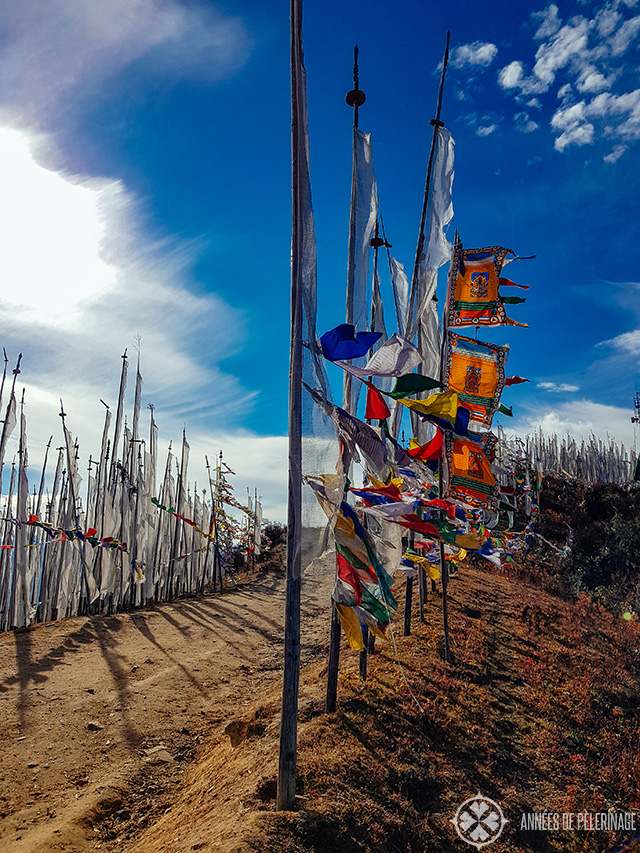 Prayer flags at the top of Chele La Pass near Paro