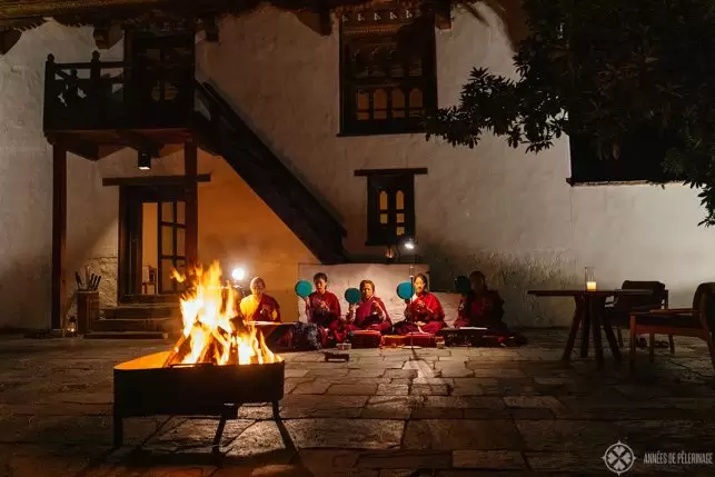 A cultural show in the courtyard before dinner at Aman Punakha