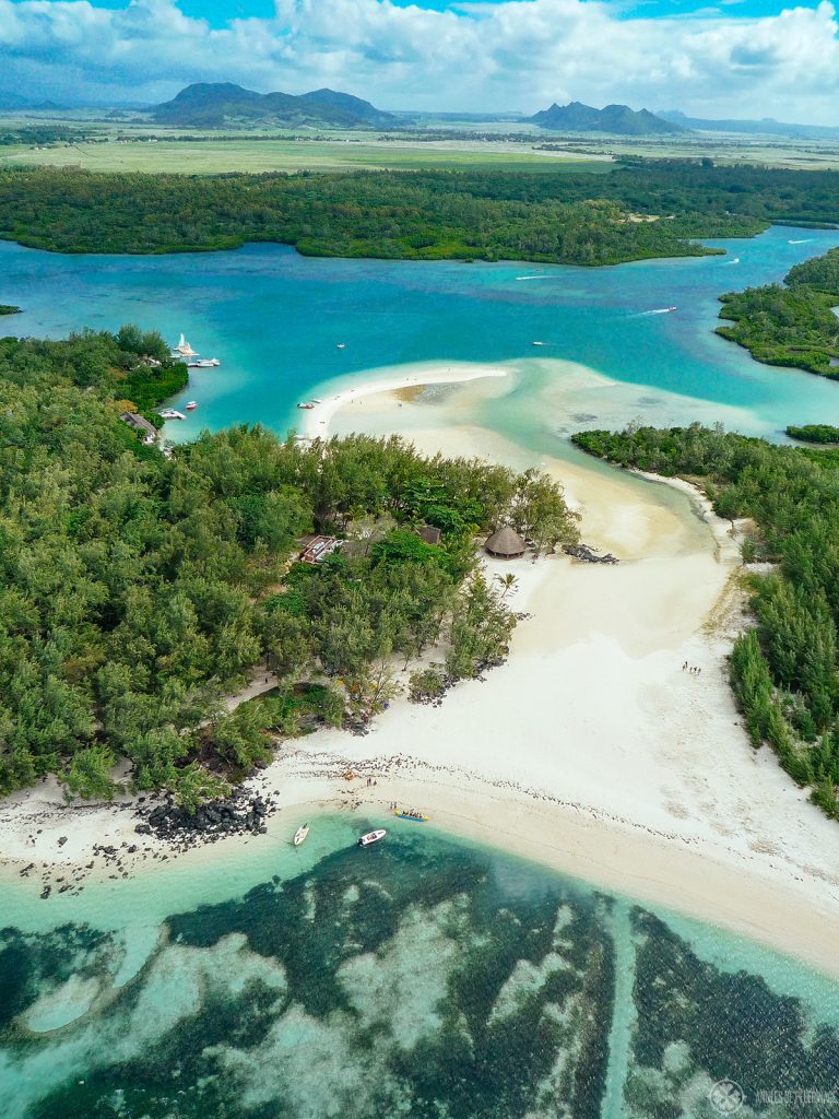 The white beach of the iles aux cerfs in Mauritius. This picture was taken from a Helicopter