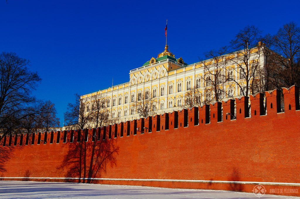 The grand kremlin palace and the famous red wall around moscows ancient citadel