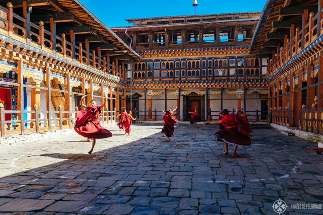 Monks practicing for a local festival inside Bumthang Dzong