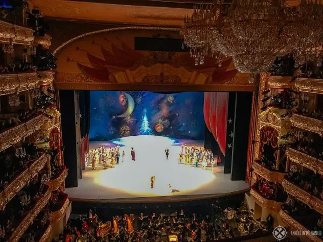 A production of the Nutcrackerinside the Bolshoi theater in Moscow