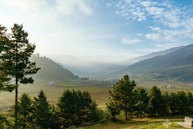 View of Phobjkha Valley in the early morning - this is where you can see the black-necked cranes