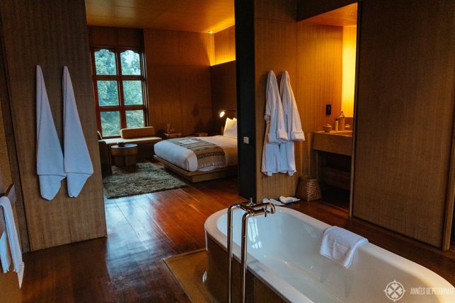 View of the rooms from the bathroom section at Aman Bhutan