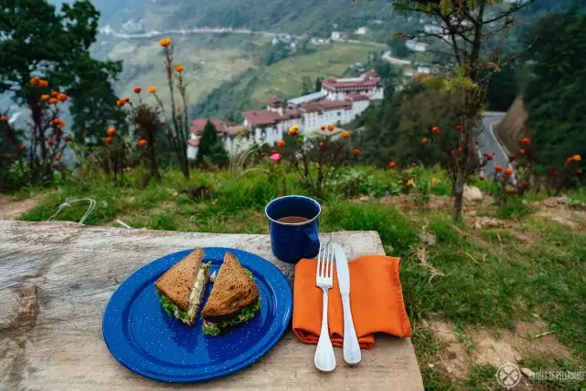 A simple snack with a stunning view in Bhutan of Trongsa Dzong