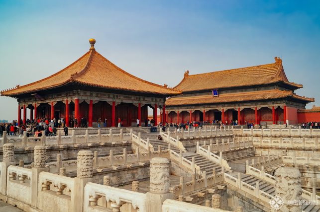 The hall of central harmony and the hall of preserving harmony in the Forbidden City in Beijing