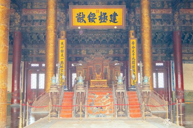 The throne of the chinese Emperors in the Hall of Supreme Harmony in the Forbidden City in Beijing