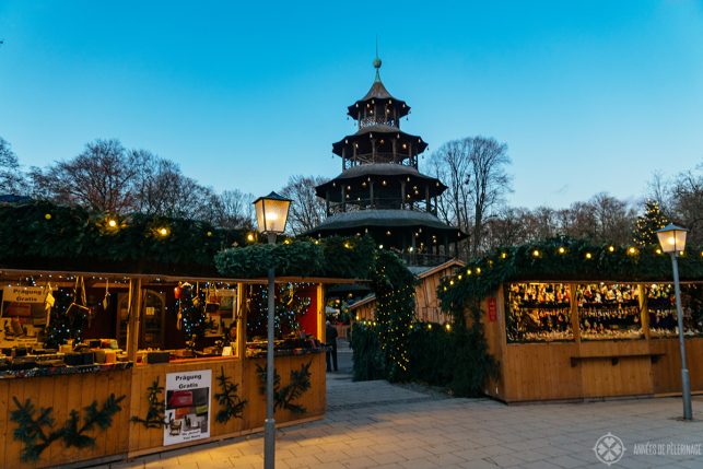 The beautiful christmas market at the Chinese tower in the Englisch Garden in Munich