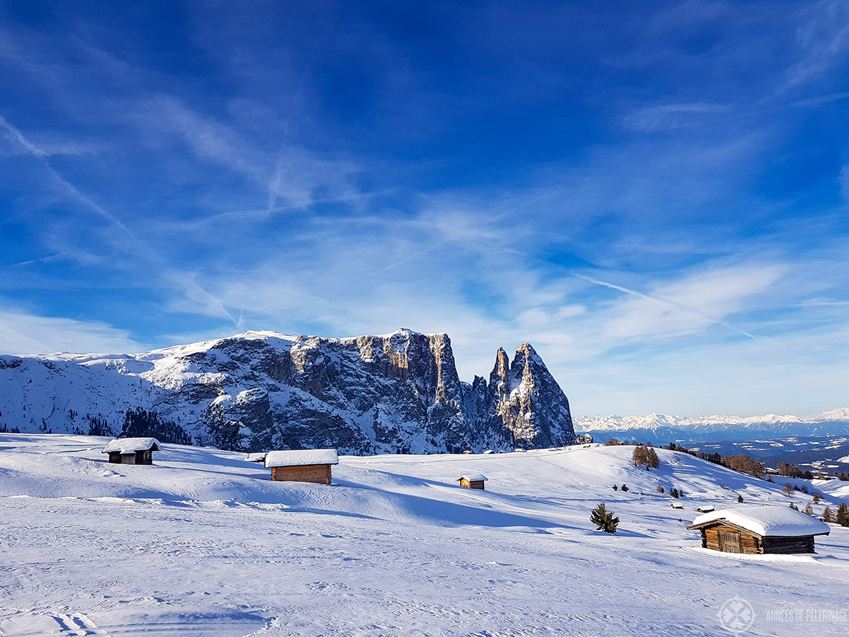 The Dolomites In Winter Skiing In The Alpe Di Siusi In Italy a 
