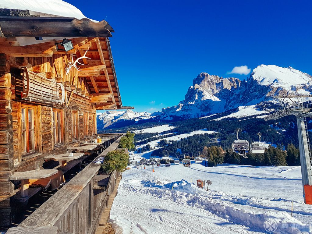 An epic lunch spot at the Seisser Alm in the Italian Dolomites in Winter