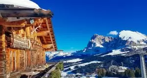 An epic lunch spot at the Seisser Alm in the Italian Dolomites in Winter