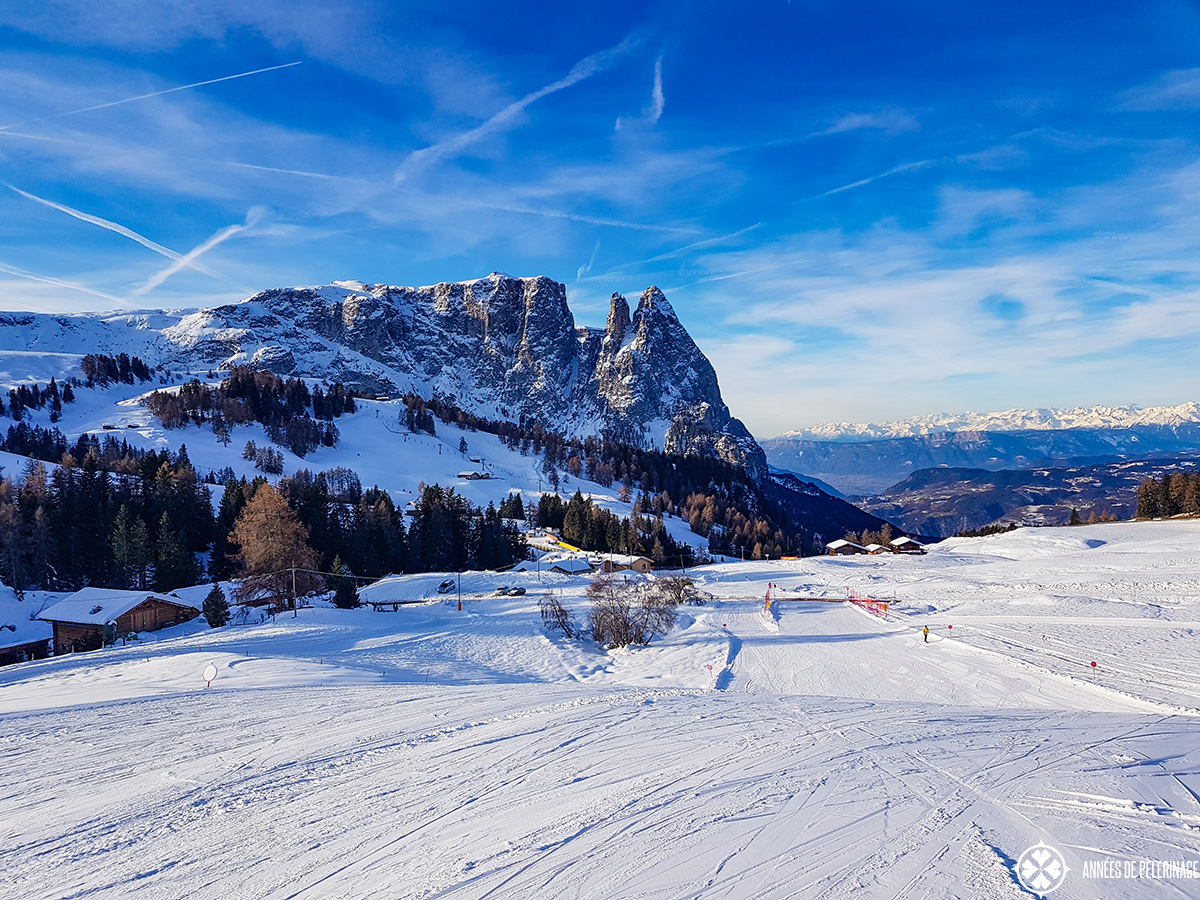 The Dolomites in Winter Skiing in the Alpe di Siusi in Italy [a