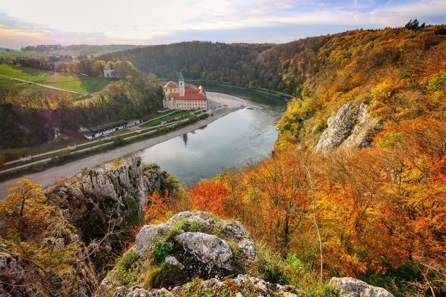 The Weltenburg Monastery from above and the danube bend.