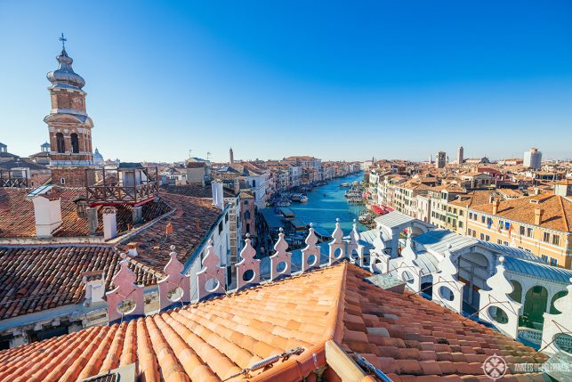 A beautiful view of the Grand Canal in Venice from the roof top of the T Fondaco department store near the Rialto bridge