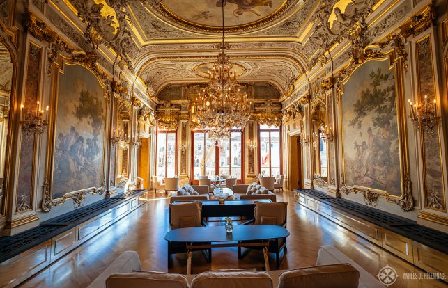 The restaurant of the Aman Venice luxury hotel with golden stucco and paintings all over