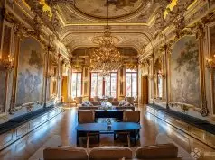 The main restaurant on the second floor of AMan Venice, with golden stucco work, chandeliers and frescos all over