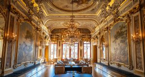 The main restaurant on the second floor of AMan Venice, with golden stucco work, chandeliers and frescos all over