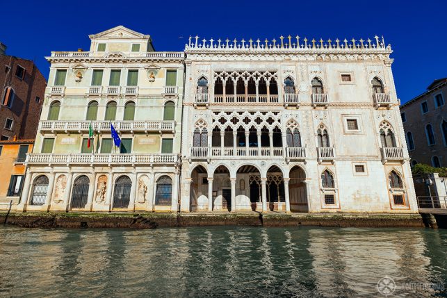 The famous Ca'd'oro on the Canal Grande. A gothic palace with a white marble facade that looks like the doge's palace