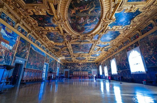 The incredibly huge council chamber inside the Doge's Palace. Every inch is covered with paintings or golden wood carvings.