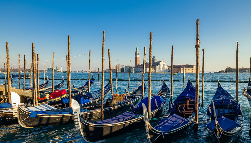 Gondolas basking in the waters in front of Saint Marc's Square in Venice