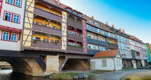 THe fantastic krämerbrücke with colorful half-timbered houses lining the lenght of the bridge in Erfurt