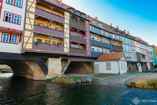 THe fantastic krämerbrücke with colorful half-timbered houses lining the lenght of the bridge in Erfurt