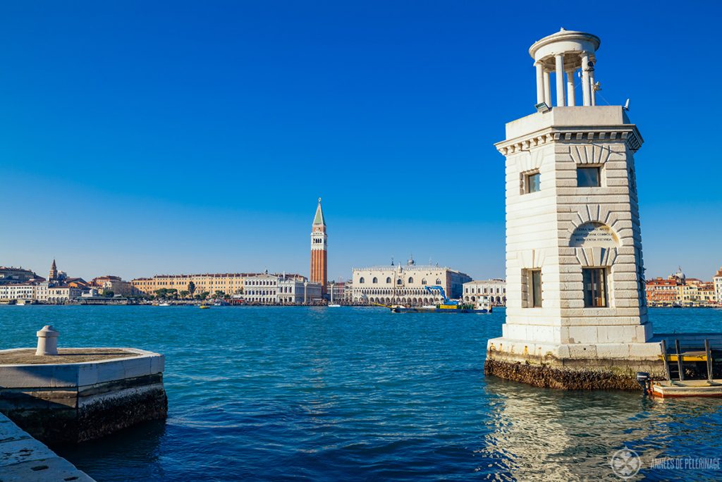 The lighthouse on San GIorgio Maggiore with a view of the Doge's Palace and Venice