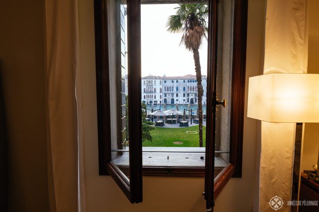 View of the Canal Grande through the open window of my suite at the AMan Venice