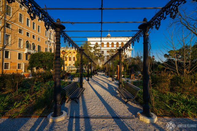 The Giardini Reali di Venice (Royal Gardens) in February with a very long (and empty) light iron corridor