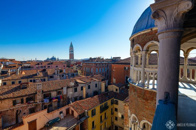 The view of Venice from the top of the Scala contrarini del Bovolo. Parts of the arched platform can be seen on the right side