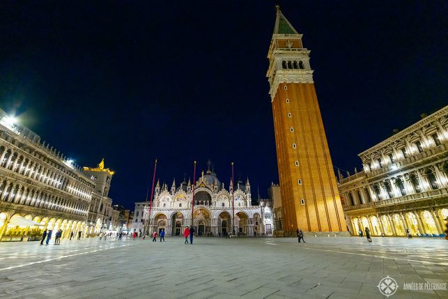 A virtually empty st mark's square in Venice at night