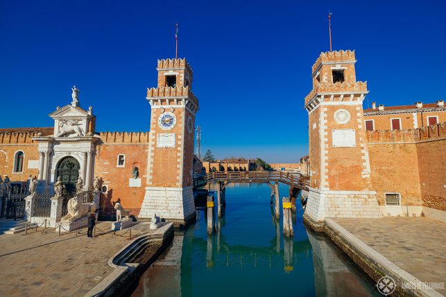 The two red brick towers guard the water entrance of the Venetian Arsenal