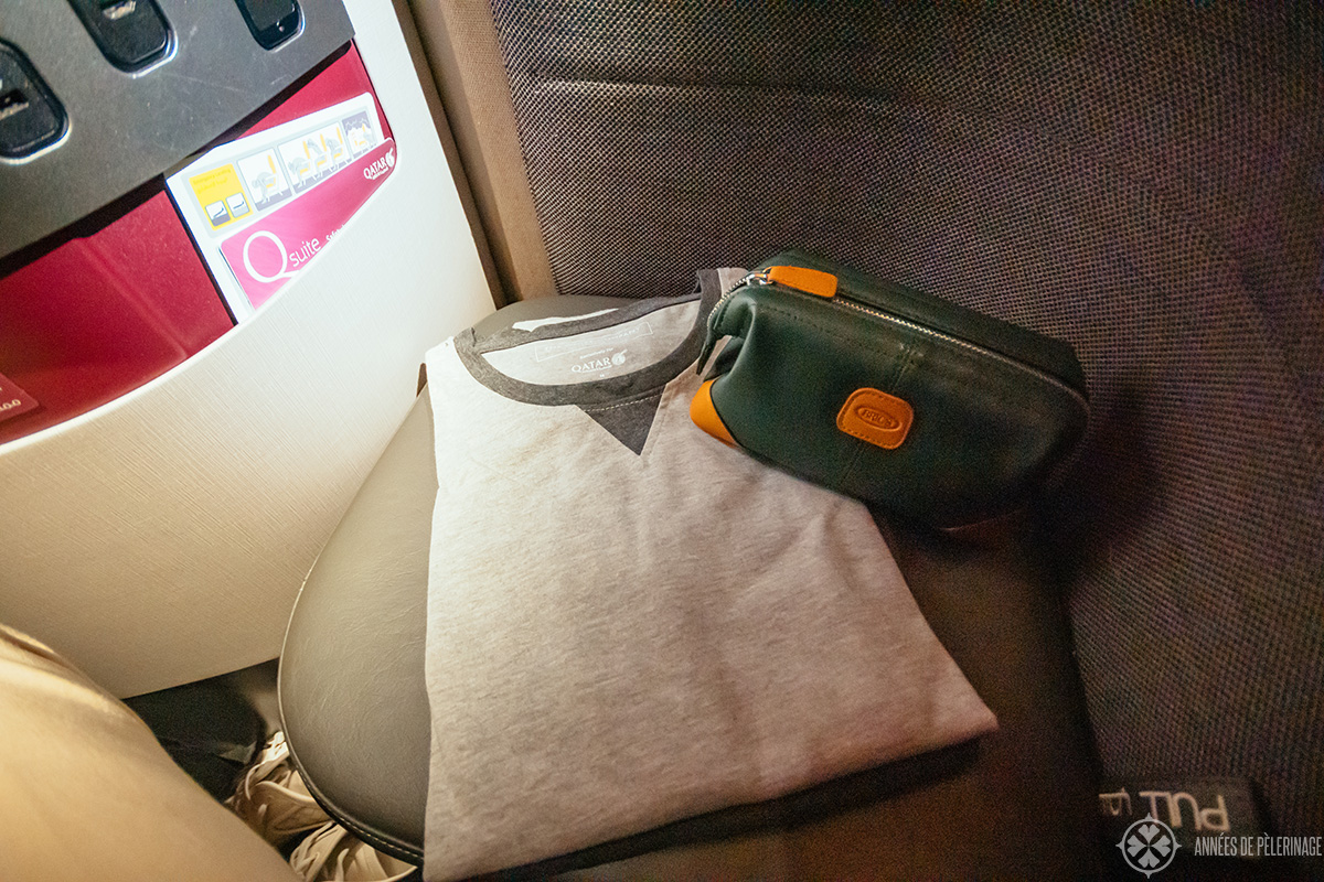 a typical business class amenity kit and pjama
