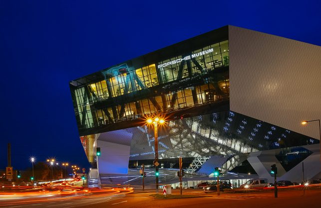 The Porsche Museum near Stuttgart at night