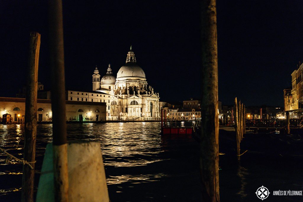 Scene along the canal grande in venice at night