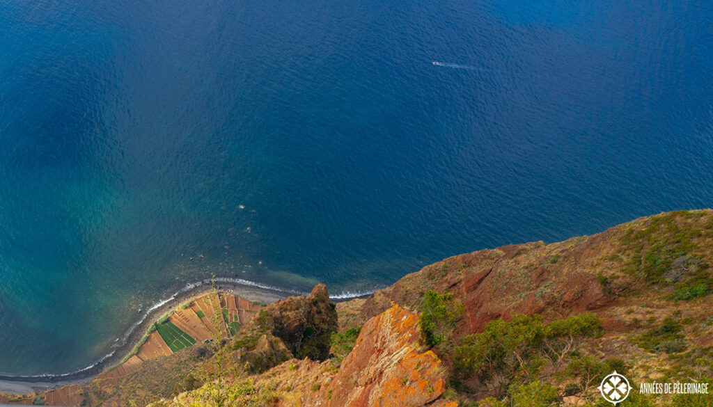 view from the Cabo Girão skywalk platform down the cliffs