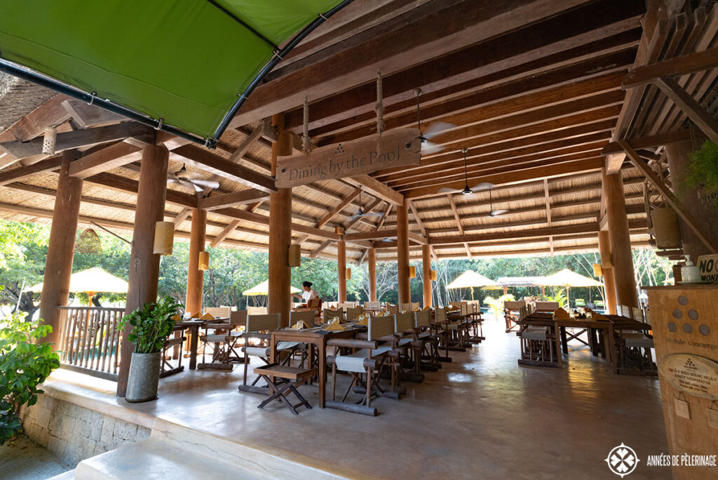 the dinning by the pool restaurant at the Six Senses Ninh Van Bay