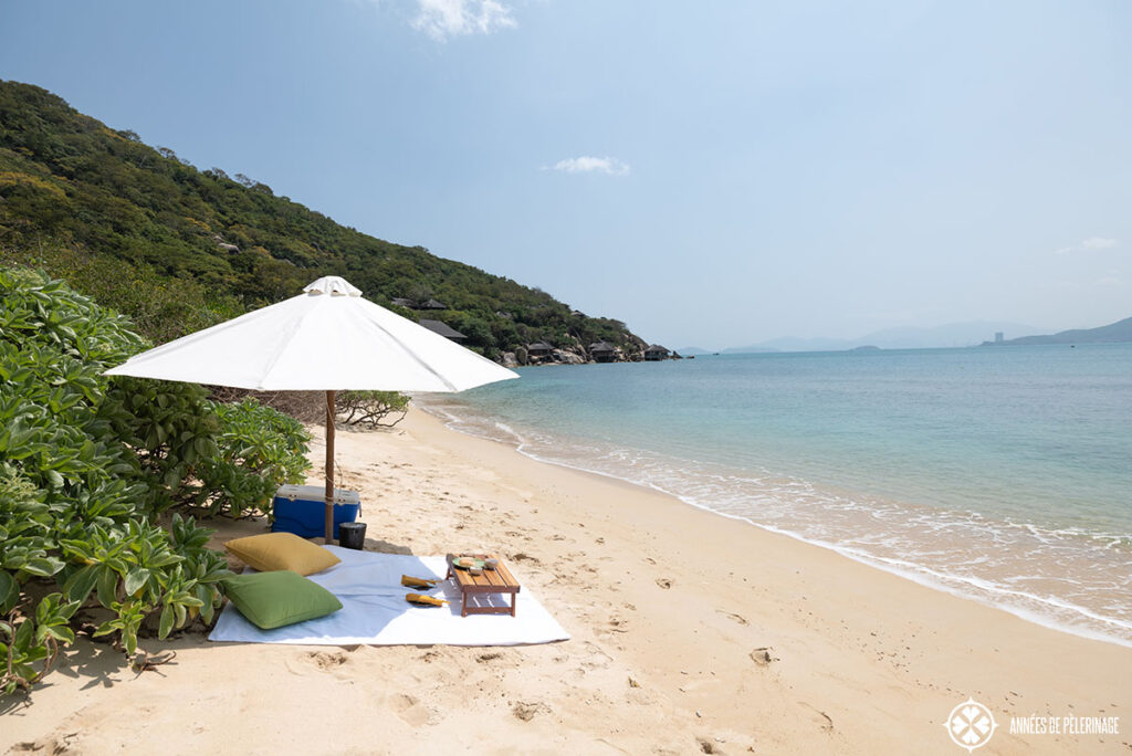 enjoying tea at the beach of the Six Senses Ninh Van Bay