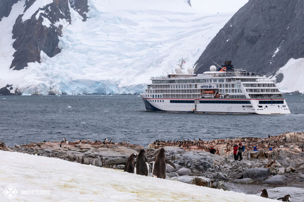 an expedition cruise ship with a pengiun colony in the foreground