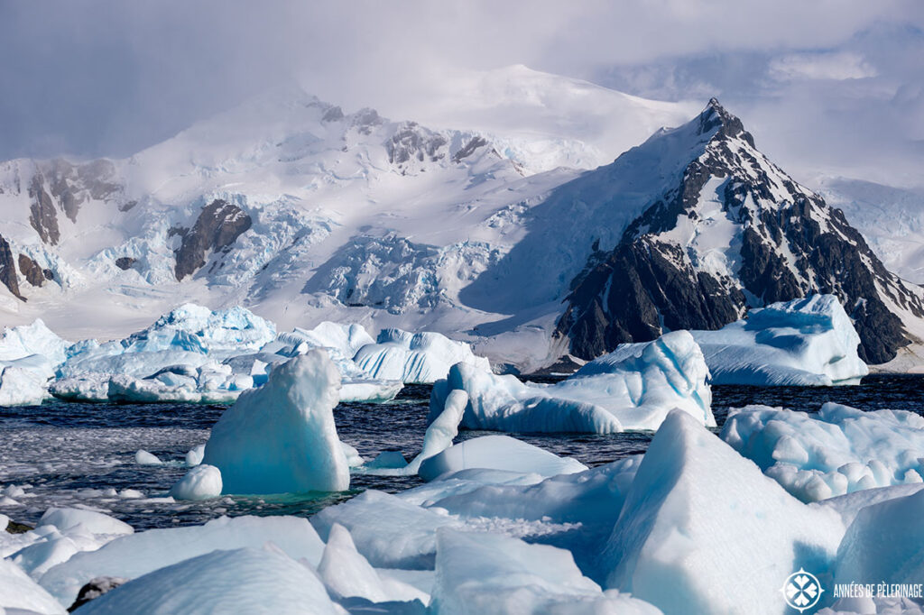 a huge iceberg graveyard in antartica with towering mountains in the background