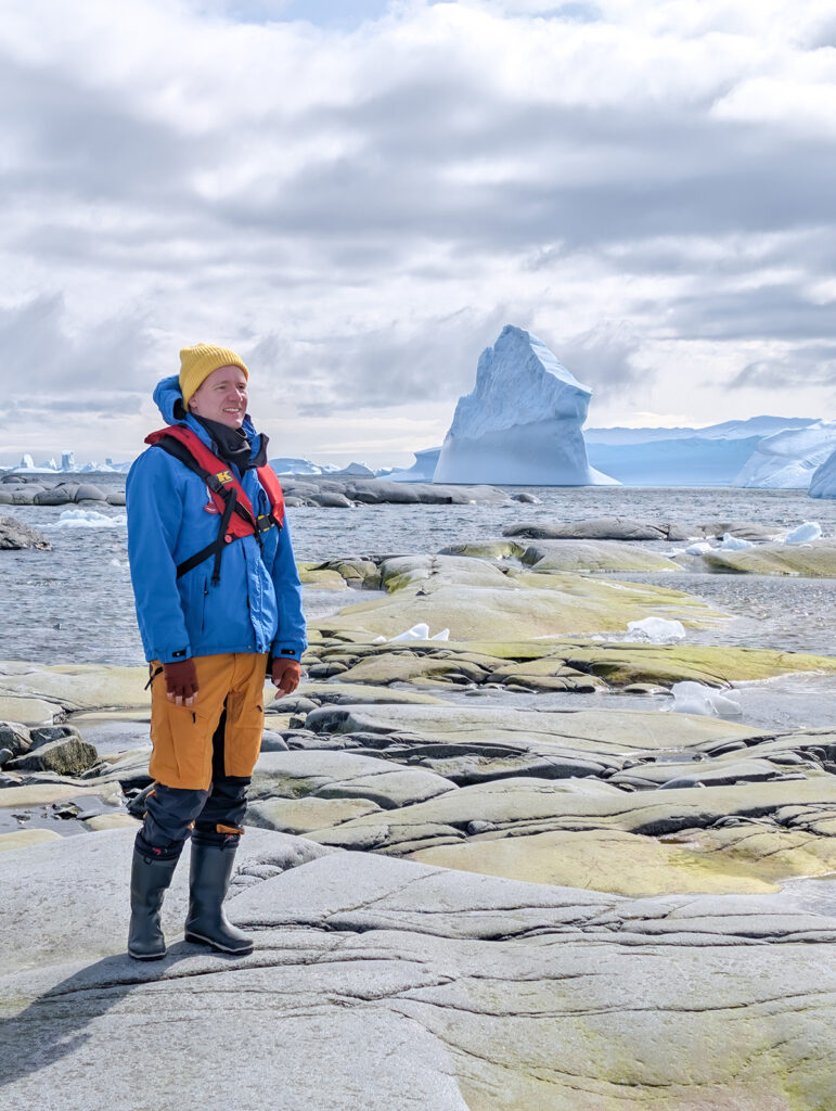 me wearing medium warm clothes on a sunny day in Antarctica