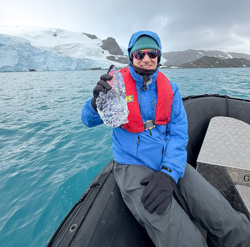 Me sitting on a zodiac in Antarctica